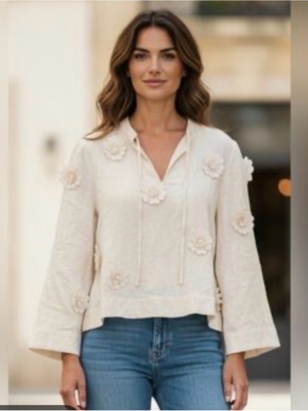 Calligraphie Floral Applique Linen Blend Blouse White Long Sleeve
